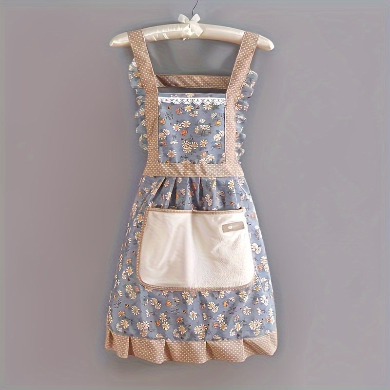 Floral Lace Princess Apron with Hand Wipe Pocket - Polyester, Adjustable Straps, Ruffled Hem, Ideal for Kitchen, Living Room, Bathroom Cleaning | Available in Pink & Green