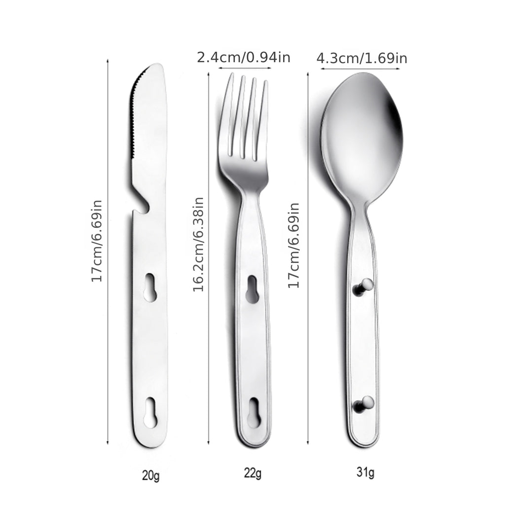 A Collection of Stainless Steel Utensils for Outdoor Use, Including a Knife, Fork, And Spoon - Convenient for Storage And Folding, Ideal for Camping Dining.