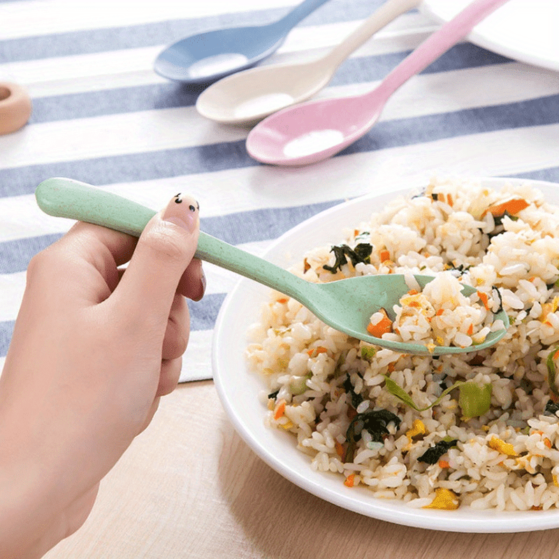 4pcs High-Quality Wheat Straw Long Handle Spoons - Light Green, Pink, White & Blue - Durable Plastic Kitchen Utensils for Cooking, Serving & Soup Lovers, Cooking Supplies | Pastel Kitchenware | Wheat Straw Plastic