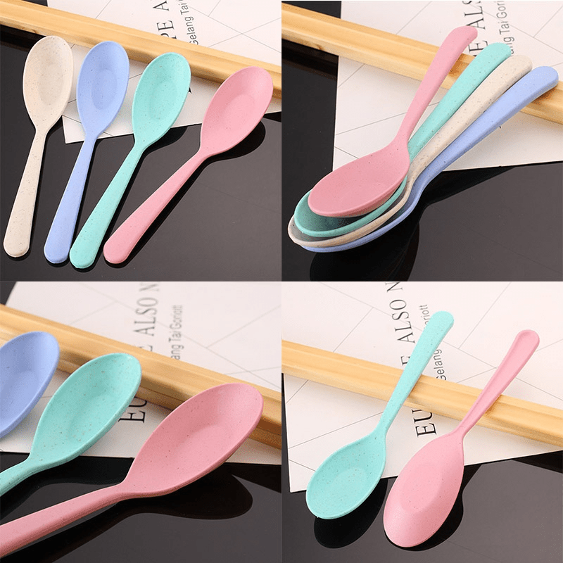 4pcs High-Quality Wheat Straw Long Handle Spoons - Light Green, Pink, White & Blue - Durable Plastic Kitchen Utensils for Cooking, Serving & Soup Lovers, Cooking Supplies | Pastel Kitchenware | Wheat Straw Plastic