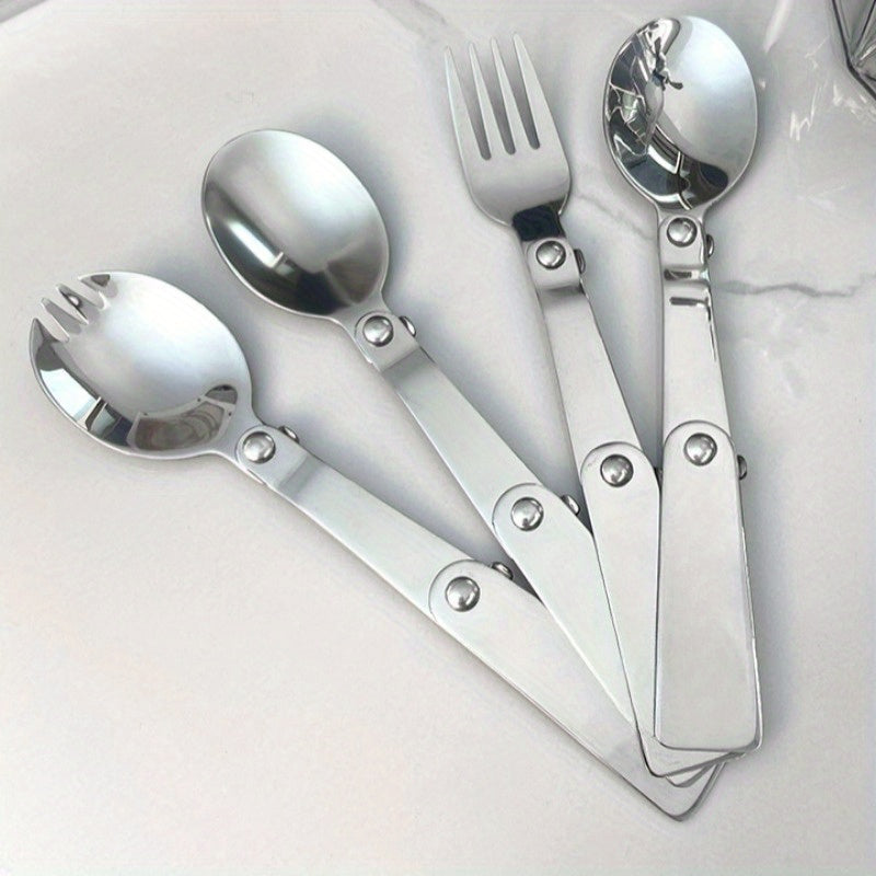 1 Set Stainless Steel Foldable Flatware - Polished Finish, Portable Camping Cutlery, Compact Travel Fork and Spoon Set for Outdoor, Picnic, Fishing, Boating, Backpacking