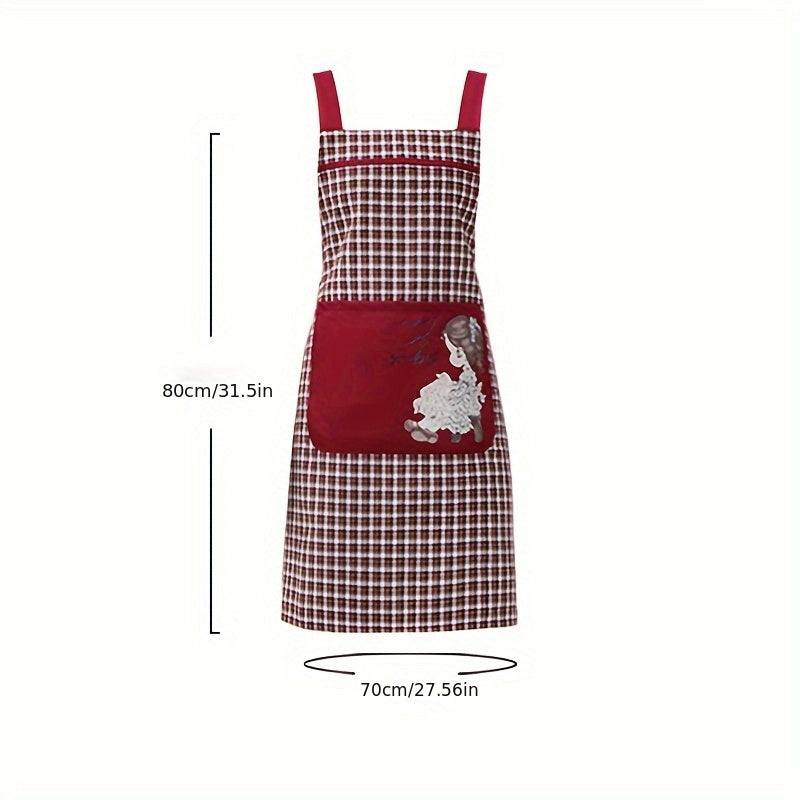 Plaid And Portrait Printed Apron with Pockets, Breathable And Soft, Youthful Style, Machine Washable, All Season Courtyard Outdoor Garden Apron, Women'S Clothing, Fashionable, Red Theme