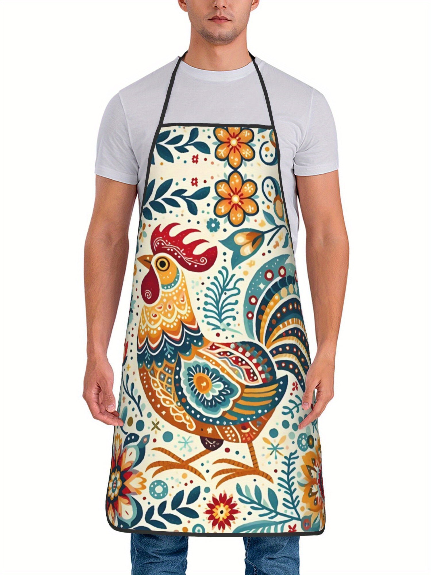 Printed Apron, Swedish Flower Hen Design, Vibrant Rooster & Floral Pattern, Lightweight Woven Fabric, Ideal for Kitchen & Restaurant Use, Vibrant Apron|Floral Pattern Apron|Durable Apron, Apron