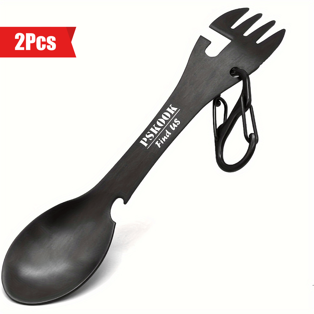 PSKOOK 2pcs Tactical Spork, 5-in-1 Stainless Steel Spoon, Fork & Knife Combo with Bottle Opener, Matte Black Finish, Outdoor Camping Utensil for Hiking & Backpacking, Camping Utensil