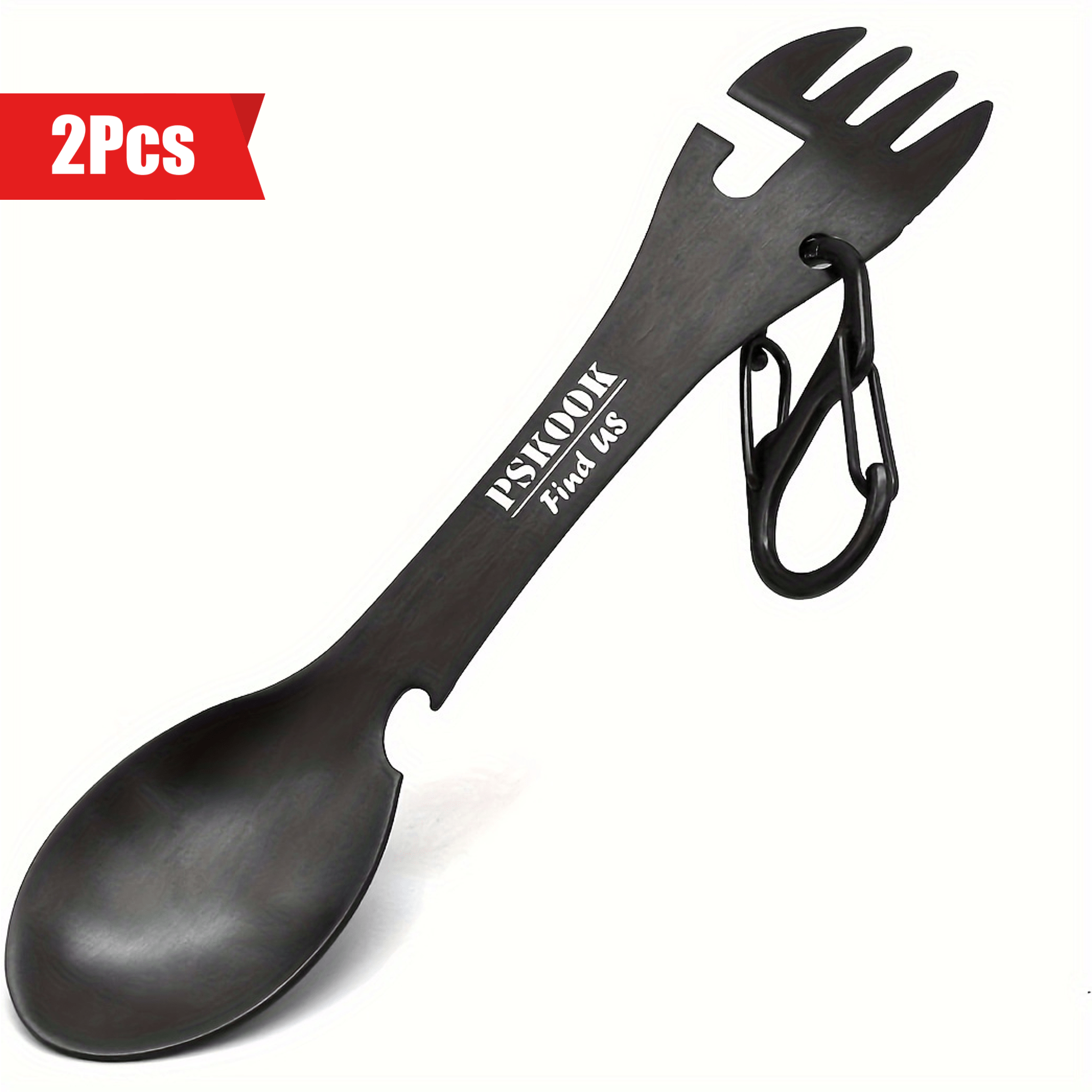 PSKOOK 2pcs Tactical Spork, 5-in-1 Stainless Steel Spoon, Fork & Knife Combo with Bottle Opener, Matte Black Finish, Outdoor Camping Utensil for Hiking & Backpacking, Camping Utensil