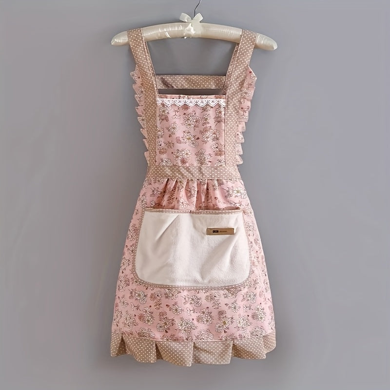 Floral Lace Princess Apron with Hand Wipe Pocket - Polyester, Adjustable Straps, Ruffled Hem, Ideal for Kitchen, Living Room, Bathroom Cleaning | Available in Pink & Green