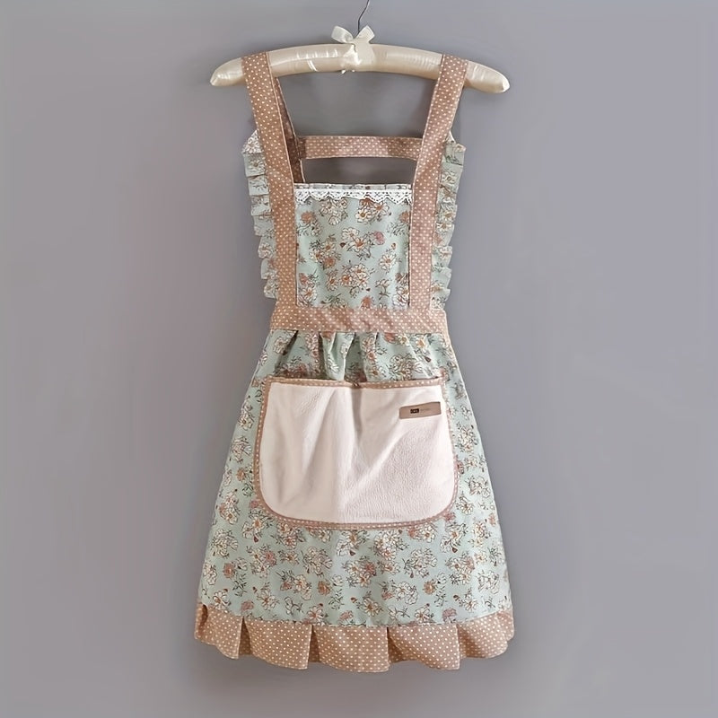 Floral Lace Princess Apron with Hand Wipe Pocket - Polyester, Adjustable Straps, Ruffled Hem, Ideal for Kitchen, Living Room, Bathroom Cleaning | Available in Pink & Green