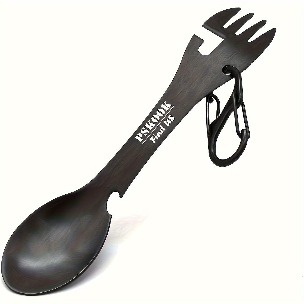 PSKOOK 2pcs Tactical Spork, 5-in-1 Stainless Steel Spoon, Fork & Knife Combo with Bottle Opener, Matte Black Finish, Outdoor Camping Utensil for Hiking & Backpacking, Camping Utensil
