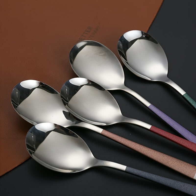 5pcs Premium Stainless Steel Spoon Set - Rust-Resistant, Long & Thick Handles for Easy Grip - Ideal for Family Gatherings, Potlucks & Restaurants