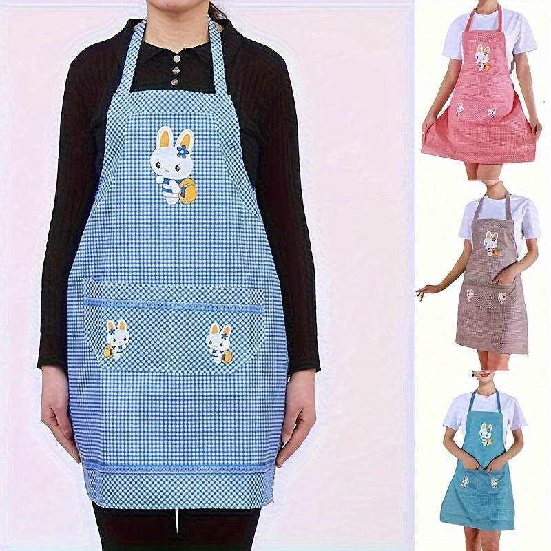 1pc Cute Bunny Apron - Stylish Purple & White Checkered Design with Rabbit Ears, Breathable Polyester for Cooking and Dining, Kitchen Wear