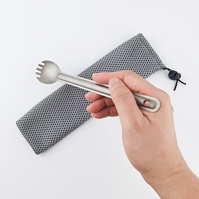 Titanium Alloy Spork with Long Handle - Ultralight, Dual-Purpose Fork and Spoon Combo with Protective Cloth Bag for Outdoor Camping and Hiking - Durable, Easy to Clean, Heat Resistant Flatware