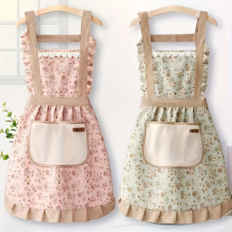 Floral Lace Princess Apron with Hand Wipe Pocket - Polyester, Adjustable Straps, Ruffled Hem, Ideal for Kitchen, Living Room, Bathroom Cleaning | Available in Pink & Green