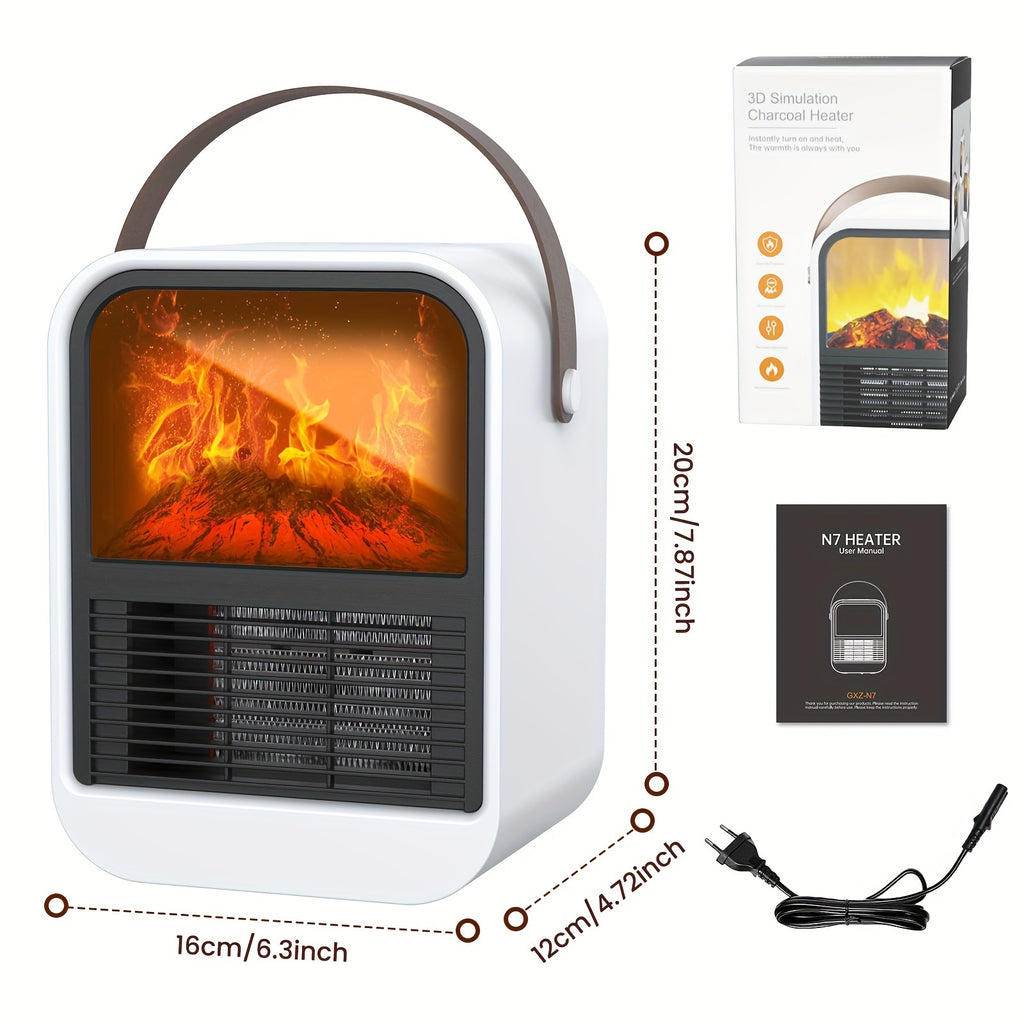 Electric Fireplace Heater with Overheat Protection, 3D Flame Effect, Fast PTC Heating, Dual Mode 650W\u002F1000W, Square Plastic Portable Desktop Heater with US Plug, 110V for Bedroom Bathroom Office