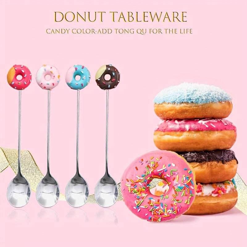 4pcs Donut-Themed Stainless Steel Dessert Spoons - Colorful Round Handle Design for Coffee, Ice Cream, and Beverage Stirring - Perfect for Home Use or Wedding Gifts, Coffee Stirring Spoons|Playful Design|Durable Metal Spoons, Coffee Accessories