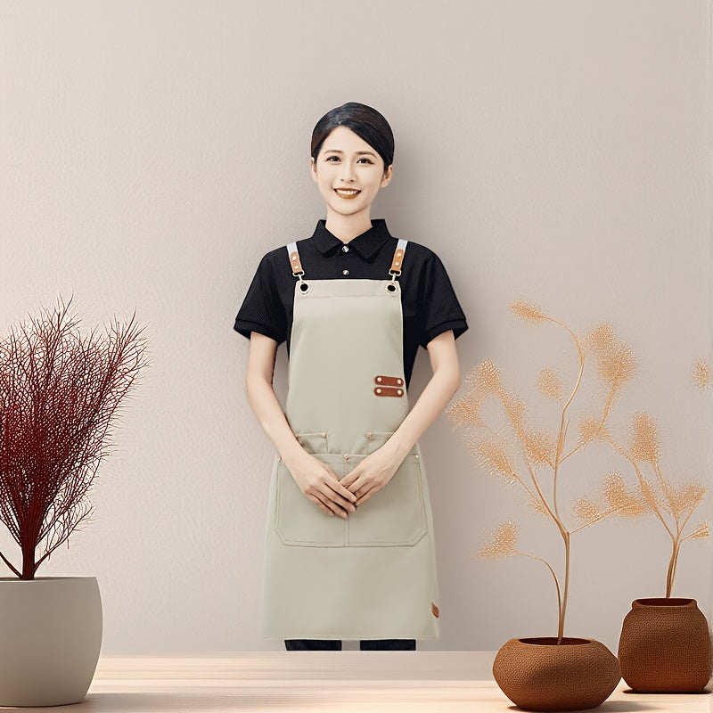 Unisex Canvas Cross-Back Apron with Adjustable Shoulder Straps and Large Pockets for Kitchen Cooking