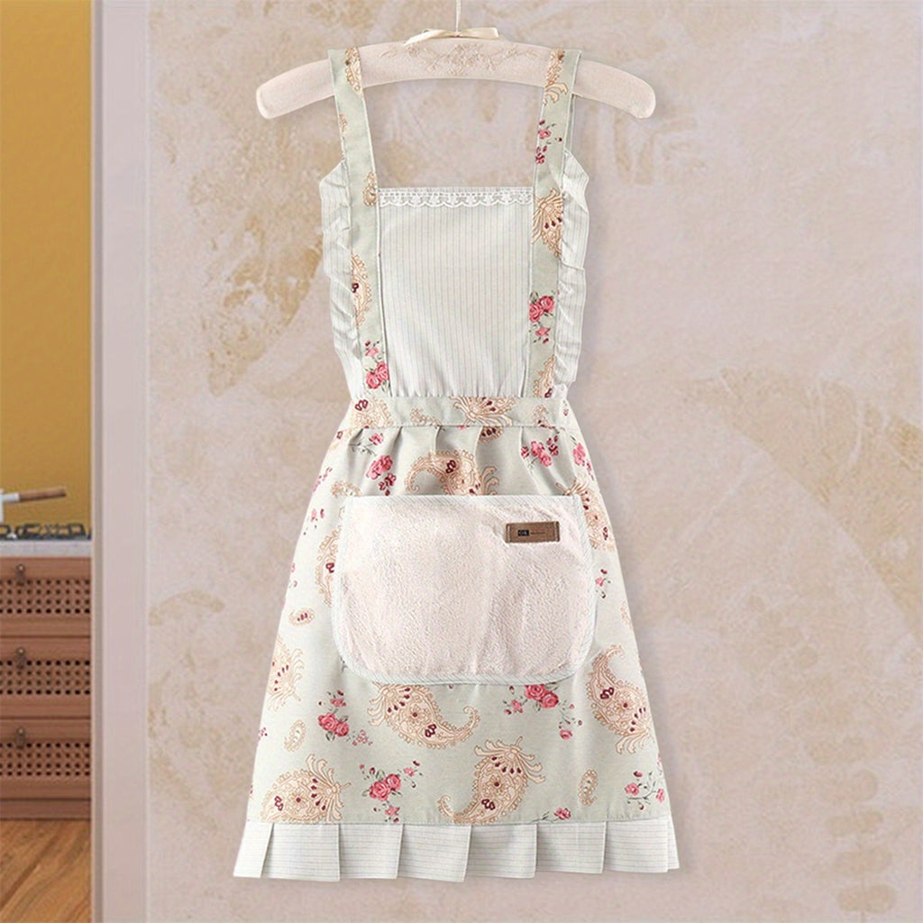 Women Kitchen Aprons Waist Strap Floral Cooking Baking Cleaning Apron with One Big Pocket