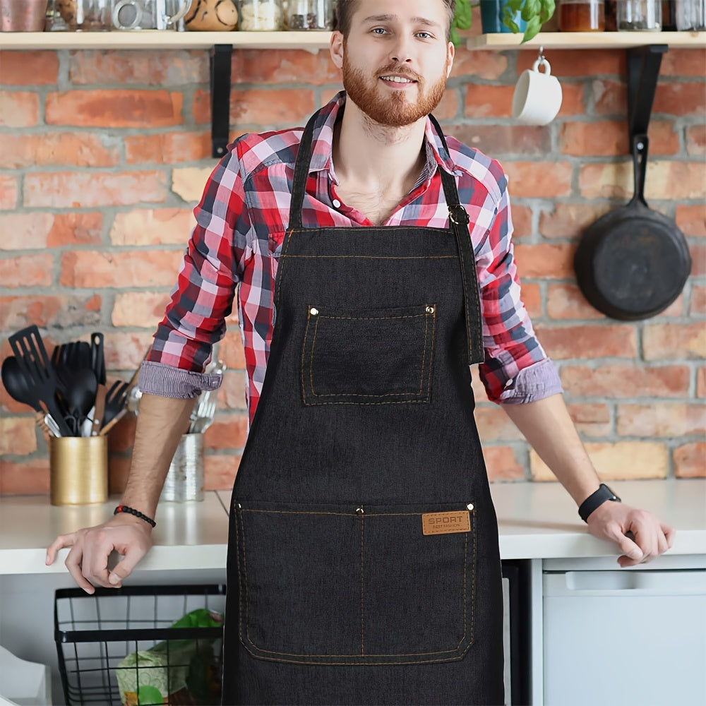 Denim Apron with Pockets - Durable Jean Canvas for Kitchen, Hairdressing & Work