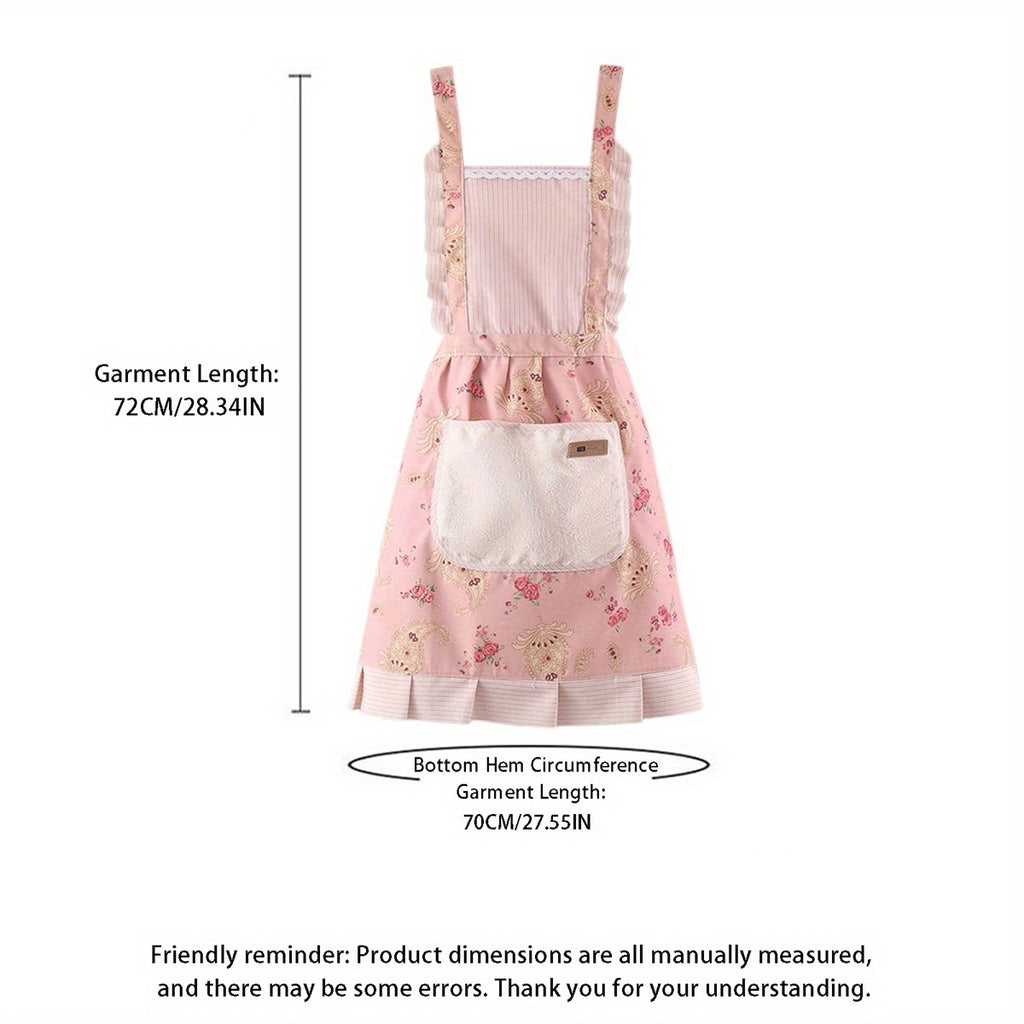 Women Kitchen Aprons Waist Strap Floral Cooking Baking Cleaning Apron with One Big Pocket
