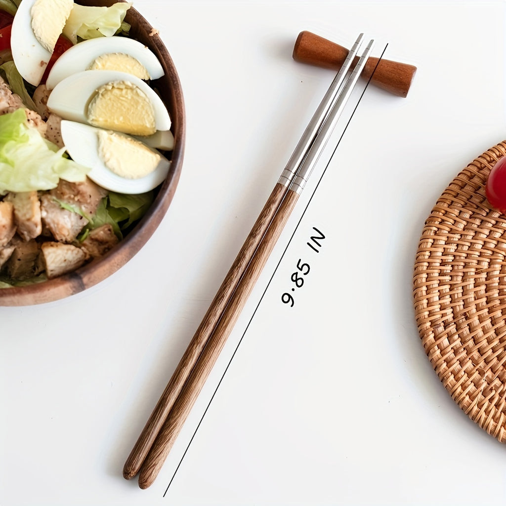 1 pair Exquisite Wooden and Stainless Steel Splicing Chopsticks - Durable and Stylish Eating Utensils