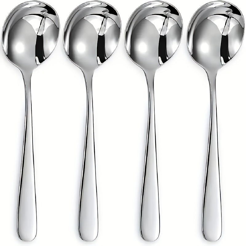 4pcs Elegant Stainless Steel Soup Spoons, Thickened Round Head, Ideal for Desserts & Home Use - Versatile Dining Utensils|Sleek Spoon Design|Durable Tablewar