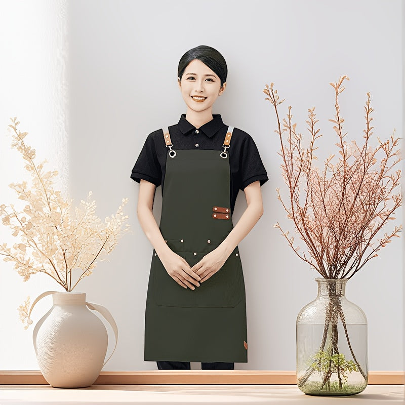 Unisex Canvas Cross-Back Apron with Adjustable Shoulder Straps and Large Pockets for Kitchen Cooking