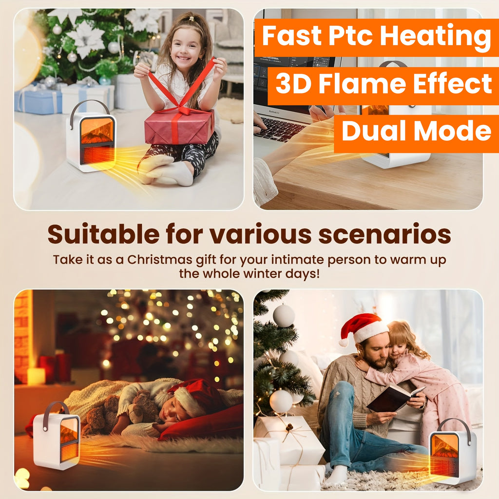 Electric Fireplace Heater with Overheat Protection, 3D Flame Effect, Fast PTC Heating, Dual Mode 650W\u002F1000W, Square Plastic Portable Desktop Heater with US Plug, 110V for Bedroom Bathroom Office