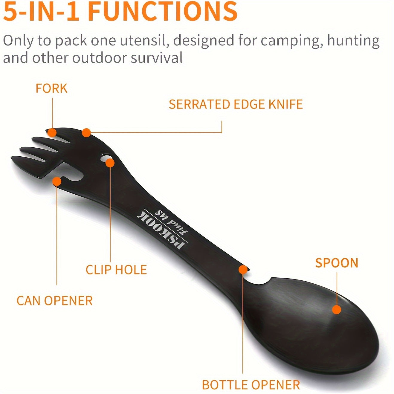 PSKOOK 2pcs Tactical Spork, 5-in-1 Stainless Steel Spoon, Fork & Knife Combo with Bottle Opener, Matte Black Finish, Outdoor Camping Utensil for Hiking & Backpacking, Camping Utensil