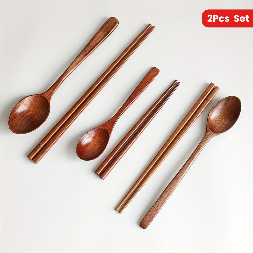2pcs Set Japanese Wooden Spoon & Chopsticks - Long Handle, Portable Tableware for Couples and Students