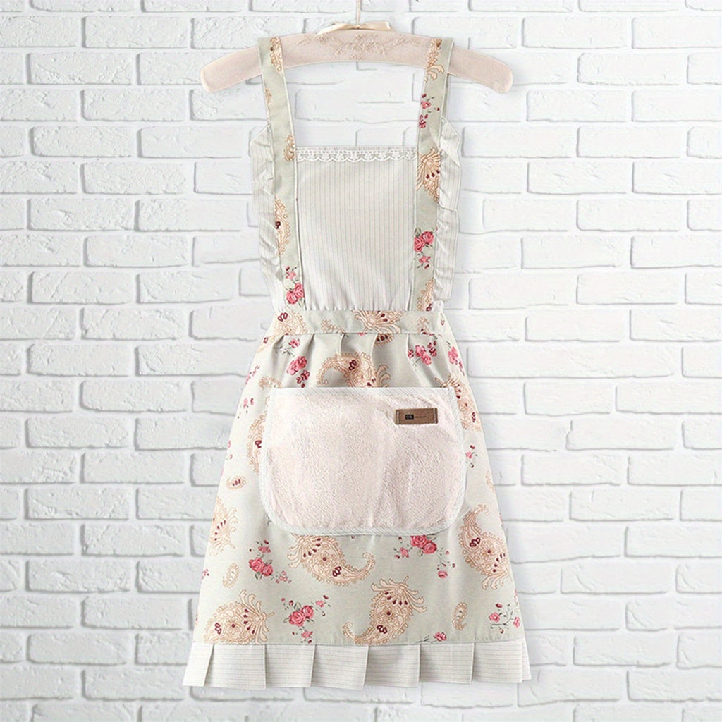 Women Kitchen Aprons Waist Strap Floral Cooking Baking Cleaning Apron with One Big Pocket