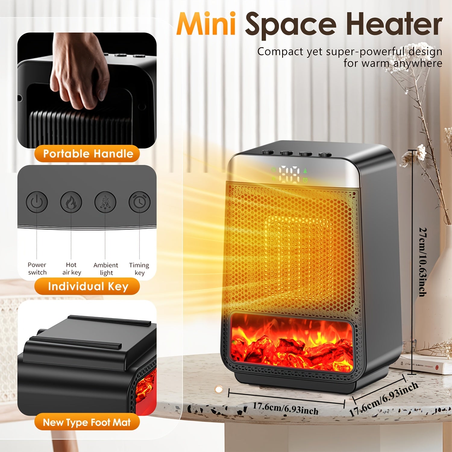 Electric Fireplace Heater for Indoor Use, 1500W Space Heater Fireplace with 3D LED Flame, Double Safety Protection, Portable Fireplace Heater for Home Office Christmas Decoration