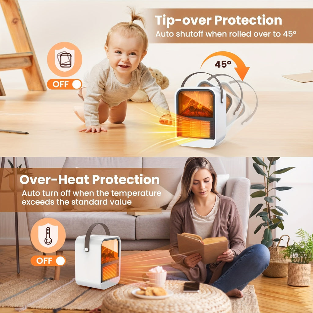 Electric Fireplace Heater with Overheat Protection, 3D Flame Effect, Fast PTC Heating, Dual Mode 650W\u002F1000W, Square Plastic Portable Desktop Heater with US Plug, 110V for Bedroom Bathroom Office