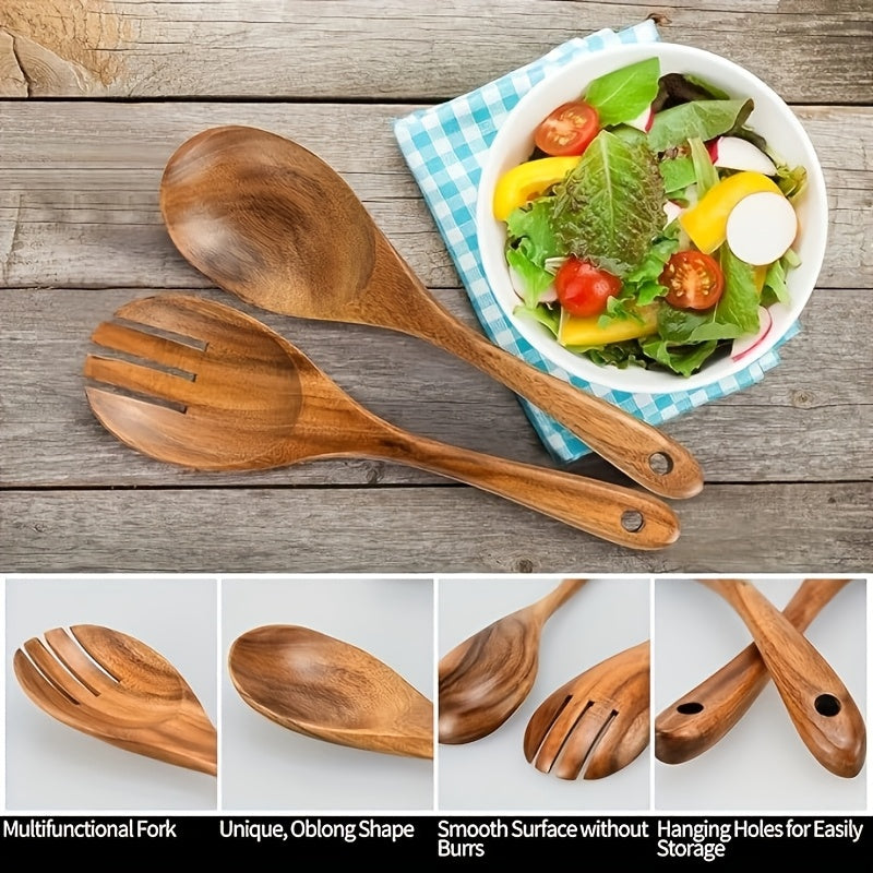 2pcs Wooden Salad Fork and Spoon Set, Reusable, Easy to Carry, Ideal for Home, Restaurant, and Outdoor Dining
