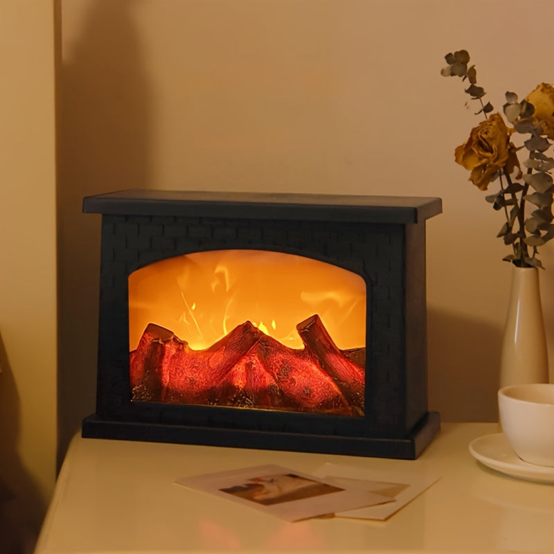 Shenzhi Tech LED Fireplace Lantern - Tabletop USB Powered Fake Fireplace Light with Polished Finish, Push Button Control, Plastic Lamp Shade, Flame Effect for Home Decor - No Battery Included