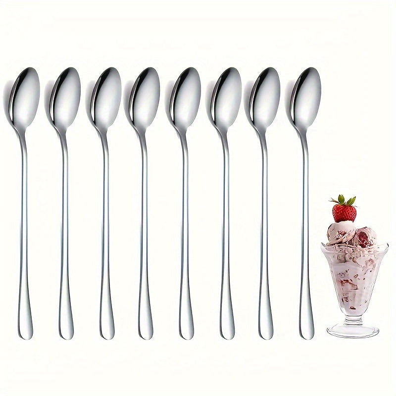 8pcs, Stainless Steel Long Handle Iced Tea Spoon, Coffee Spoon, Ice Cream Stirring Spoon, Kitchen Accessories
