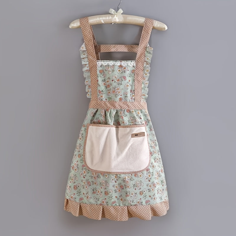 Floral Lace Princess Apron with Hand Wipe Pocket - Polyester, Adjustable Straps, Ruffled Hem, Ideal for Kitchen, Living Room, Bathroom Cleaning | Available in Pink & Green