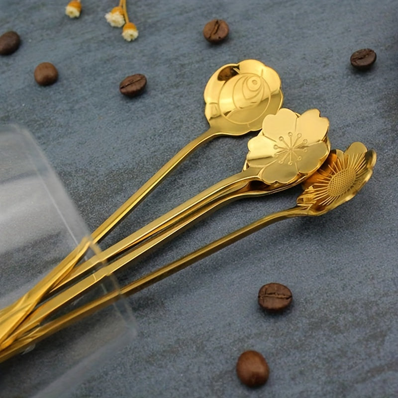 4pcs Flowers Design Gold Spoon Long Handle Dessert Tea Coffee Mixing Spoon Stainless Steel Vintage Teaspoons Drink Tableware