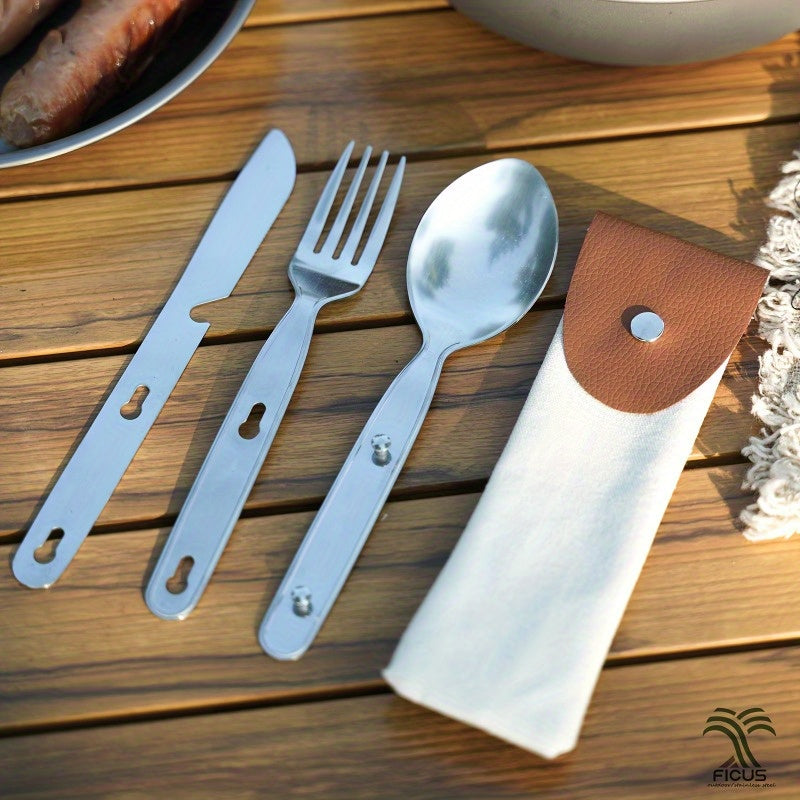 A Collection of Stainless Steel Utensils for Outdoor Use, Including a Knife, Fork, And Spoon - Convenient for Storage And Folding, Ideal for Camping Dining.