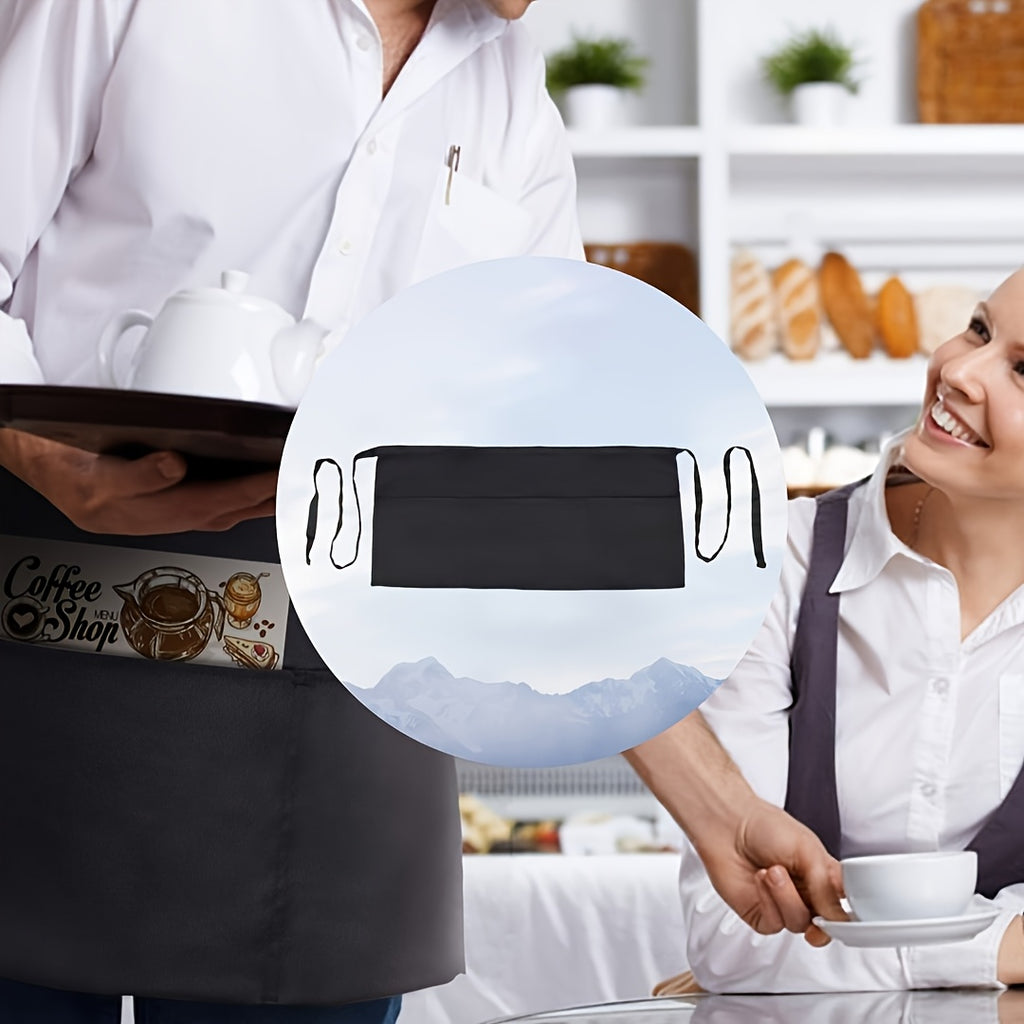 1pc Black Server Apron with 3 Pockets - Oil-Resistant Half Body Waist Skirt for Waitresses, Chefs, and Gardeners - Ideal for Cooking, Baking, and Seamstress Work