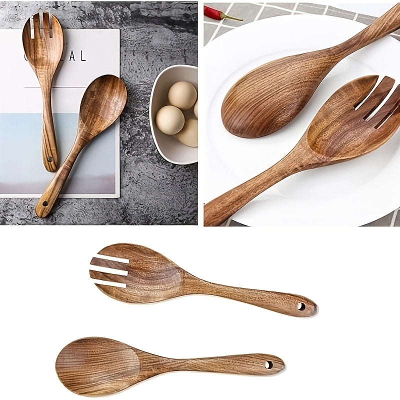 2pcs Wooden Salad Fork and Spoon Set, Reusable, Easy to Carry, Ideal for Home, Restaurant, and Outdoor Dining