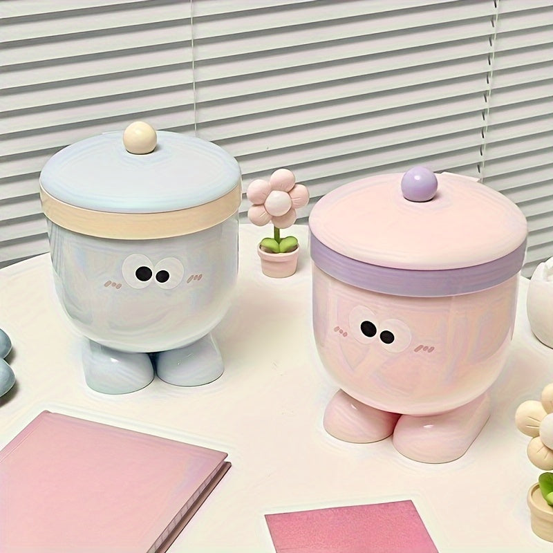 Cute Cartoon Desktop Trash Can with Lid - Creative Storage Bin for Home and Dorm Decor, Large Eyes Design, Press-Top Opening, Durable PP Material, Ideal for Small Waste and Toys, Home Trash Ca
