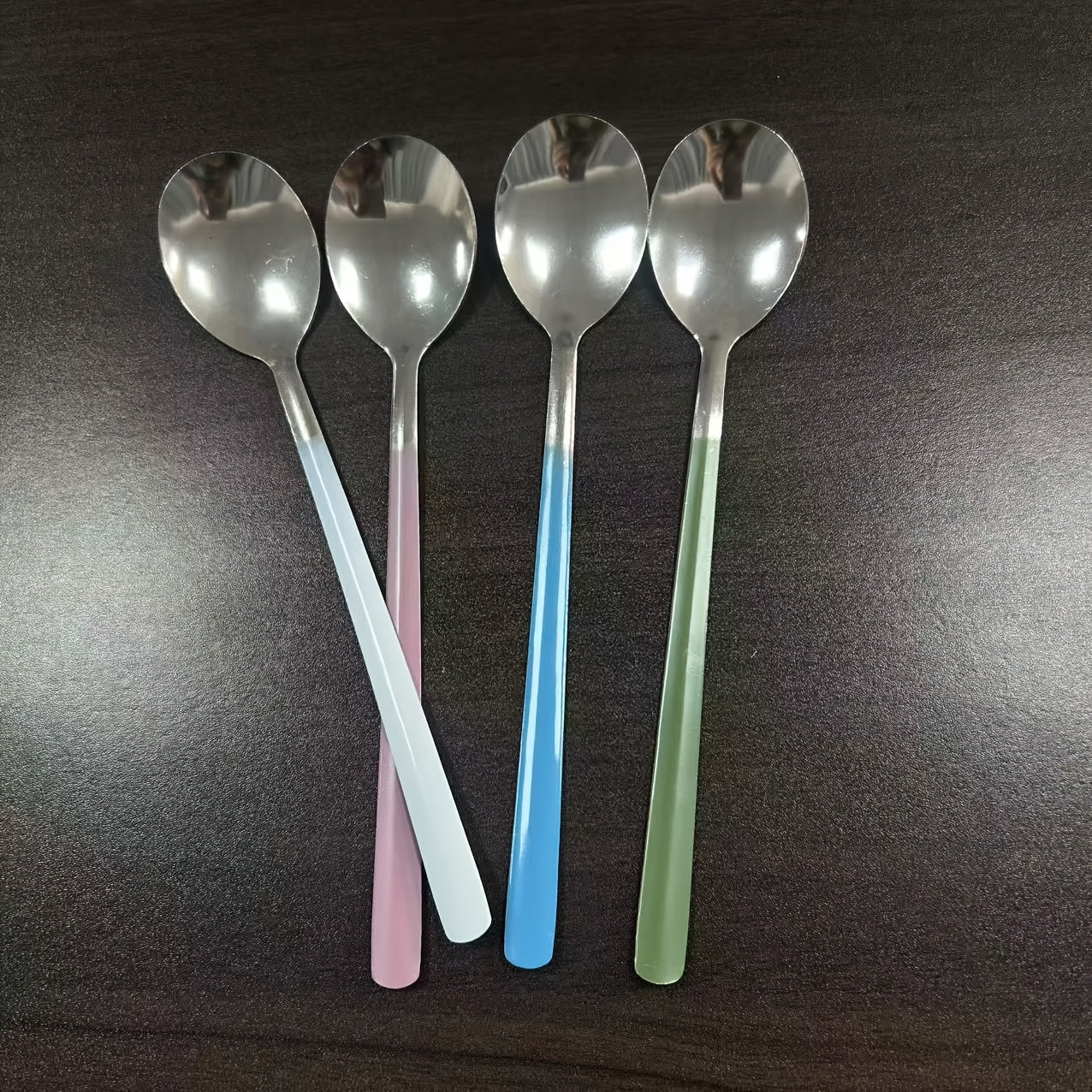 4pcs Stainless Steel Long Handle Spoons with Colorful Handles - Elegant Korean Soup Spoons for Formal Dining, Durable & Easy to Clean, Perfect for Soups, Desserts, and Everyday Use, Formal Dining Essentials | Pastel Handle Spoons | Stainless Steel Spoons