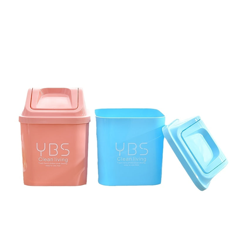 YBS Clean Living Mini Trash Can with Flip Lid – Square Desktop Waste Basket for Kitchen & Living Room, Durable PP Material, Light Blue\u002FWhite\u002FPink, Compact Design for Countertop or Tabletop Use