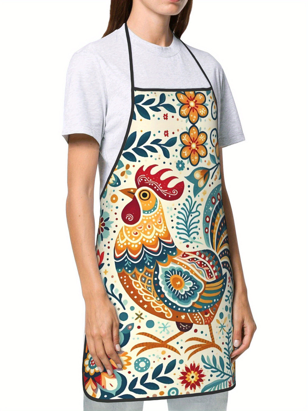 Printed Apron, Swedish Flower Hen Design, Vibrant Rooster & Floral Pattern, Lightweight Woven Fabric, Ideal for Kitchen & Restaurant Use, Vibrant Apron|Floral Pattern Apron|Durable Apron, Apron