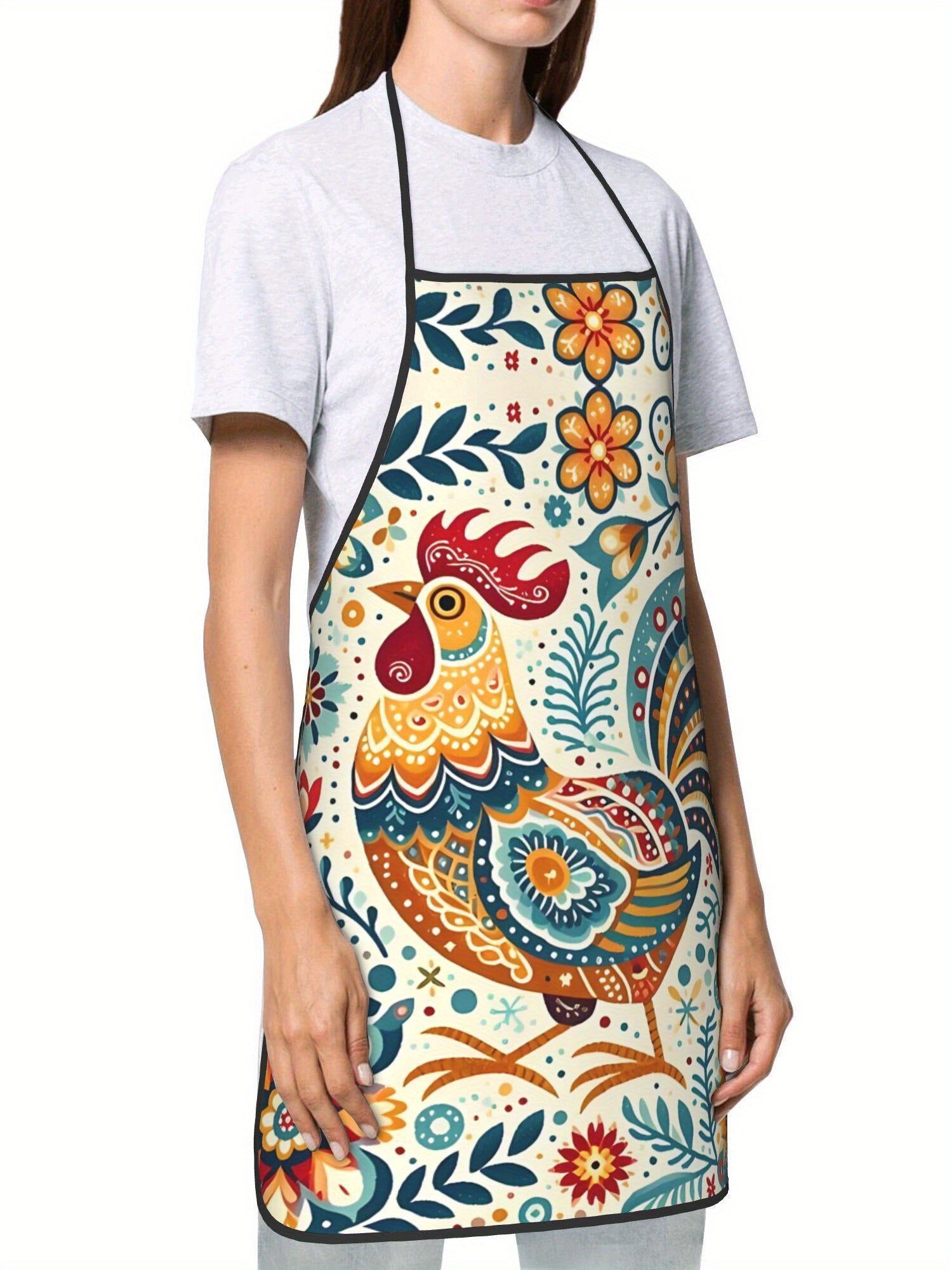 Printed Apron, Swedish Flower Hen Design, Vibrant Rooster & Floral Pattern, Lightweight Woven Fabric, Ideal for Kitchen & Restaurant Use, Vibrant Apron|Floral Pattern Apron|Durable Apron, Apron