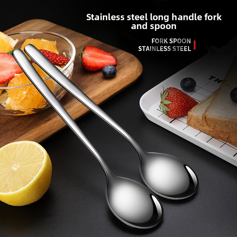 Stainless Steel Spoon and Fork Set, Korean Style, Long Handle, Mixing, Soup Spoon, for Home Use, 6pcs