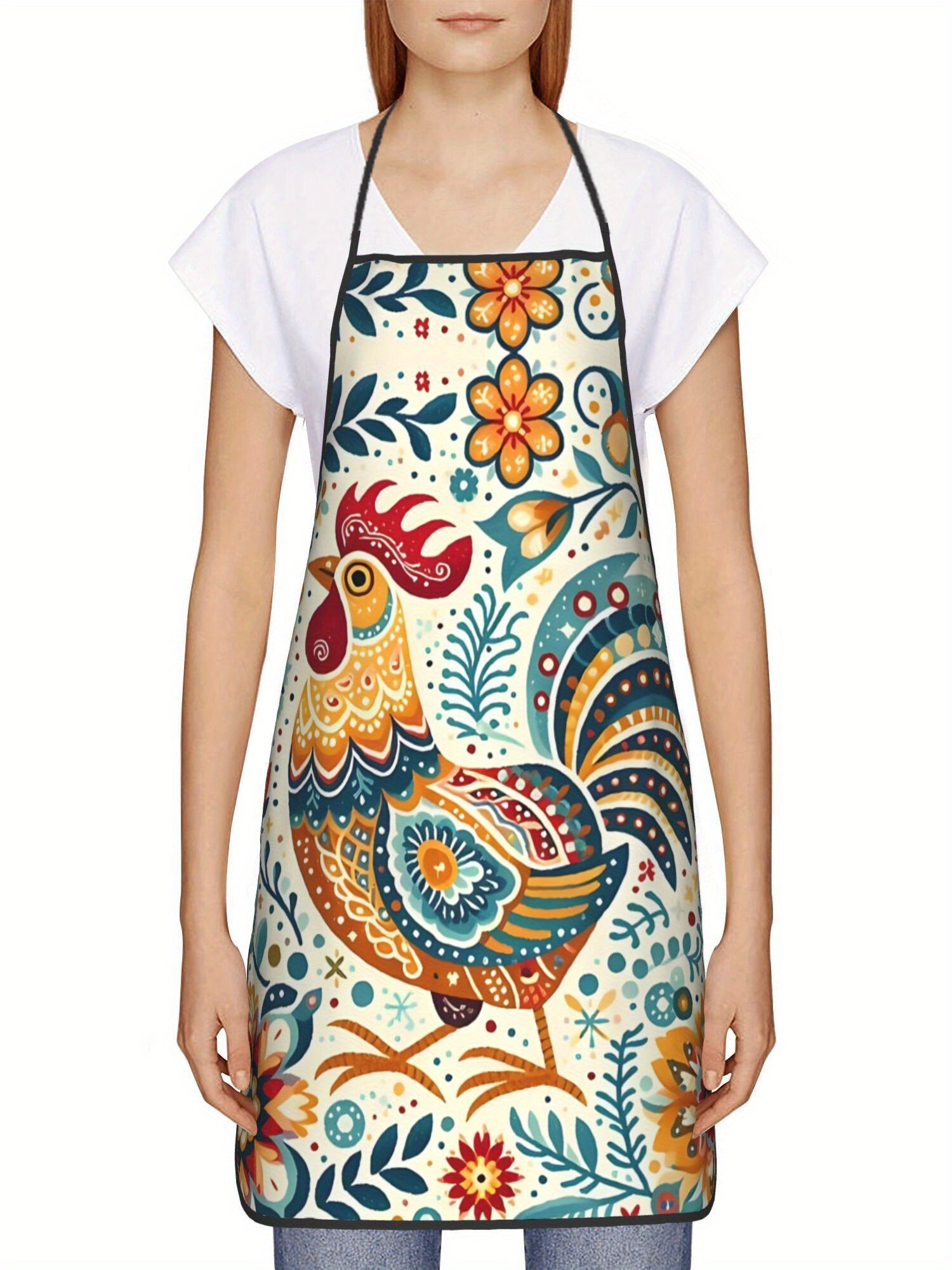Printed Apron, Swedish Flower Hen Design, Vibrant Rooster & Floral Pattern, Lightweight Woven Fabric, Ideal for Kitchen & Restaurant Use, Vibrant Apron|Floral Pattern Apron|Durable Apron, Apron
