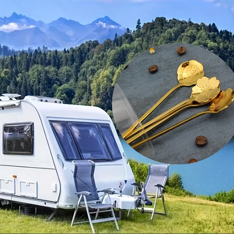 4pcs Flowers Design Gold Spoon Long Handle Dessert Tea Coffee Mixing Spoon Stainless Steel Vintage Teaspoons Drink Tableware