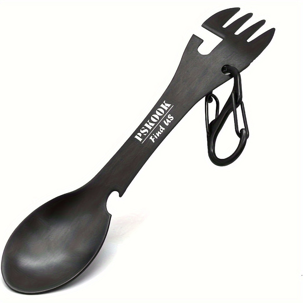 PSKOOK 2pcs Tactical Spork, 5-in-1 Stainless Steel Spoon, Fork & Knife Combo with Bottle Opener, Matte Black Finish, Outdoor Camping Utensil for Hiking & Backpacking, Camping Utensil