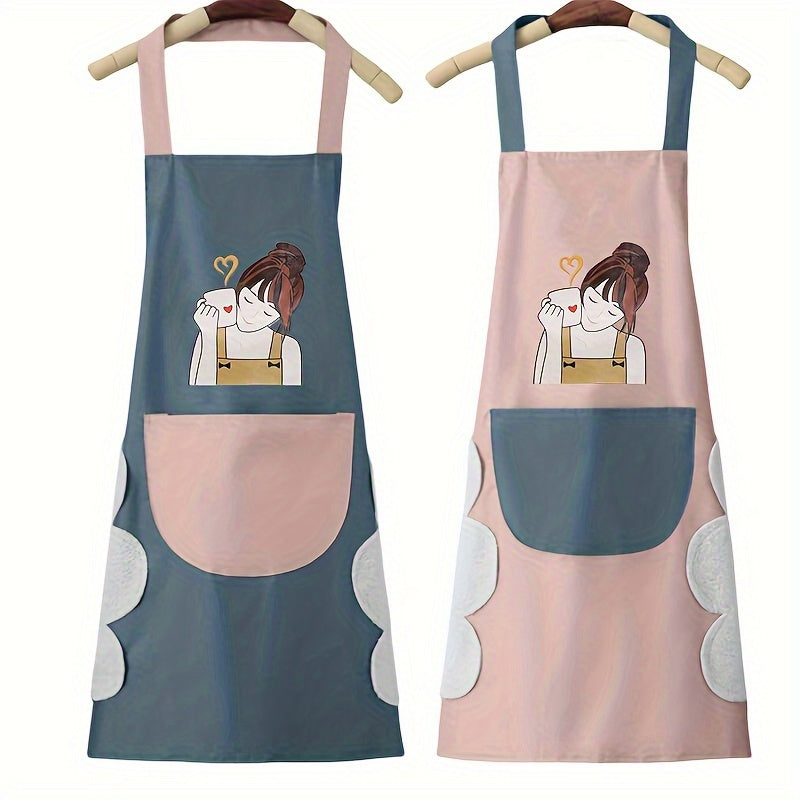 1pc Scratchable Kitchen Apron - Oil & High Quality PVC with Adjustable Neck Strap, Cute Cartoon Character Design & Cloud Pocket - Durable Easy-Clean for Cooking Baking Grilling (Blue & Pink), Grilling Apparel | Easyclean Material