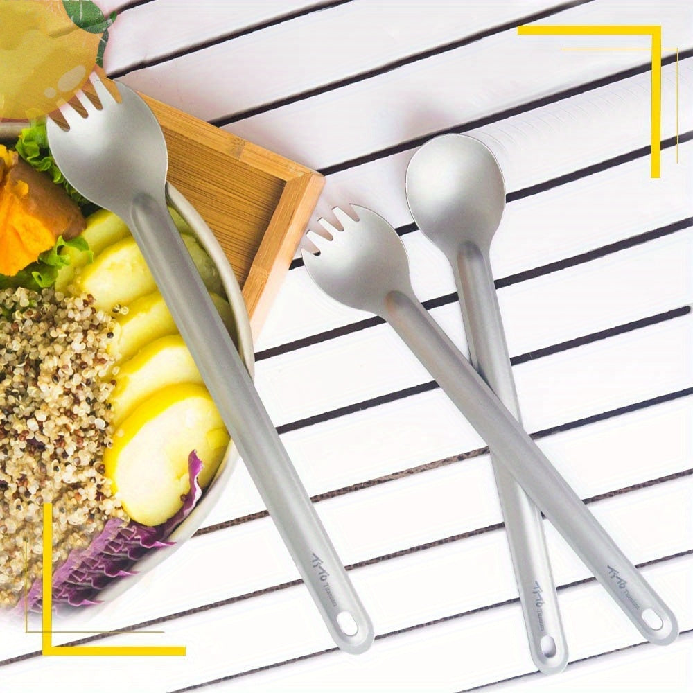 Titanium Alloy Spork with Long Handle - Ultralight, Dual-Purpose Fork and Spoon Combo with Protective Cloth Bag for Outdoor Camping and Hiking - Durable, Easy to Clean, Heat Resistant Flatware
